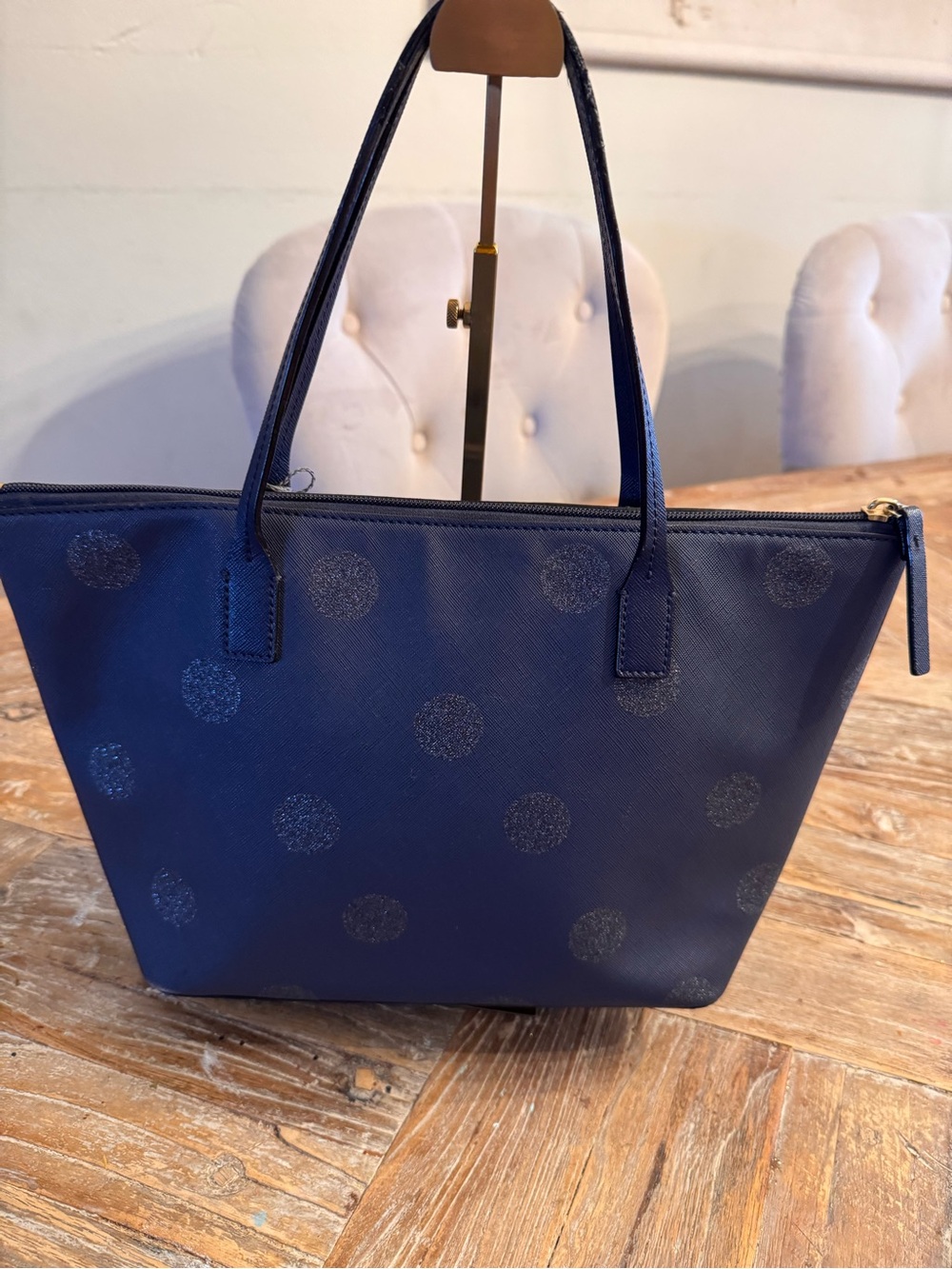 kate spade navy glitter polka dot tote with floral charm - Picture 4 of 16